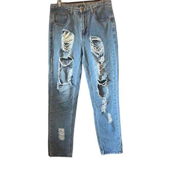 Nasty Gal Ripped Distressed Mom Jeans US 8 High Waist Light Wash Denim - Picture 1 of 5